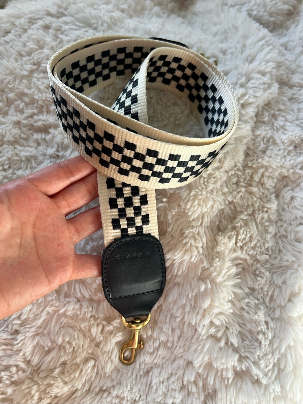 Clare V Black & Cream Check Webbing Strap Key Holder